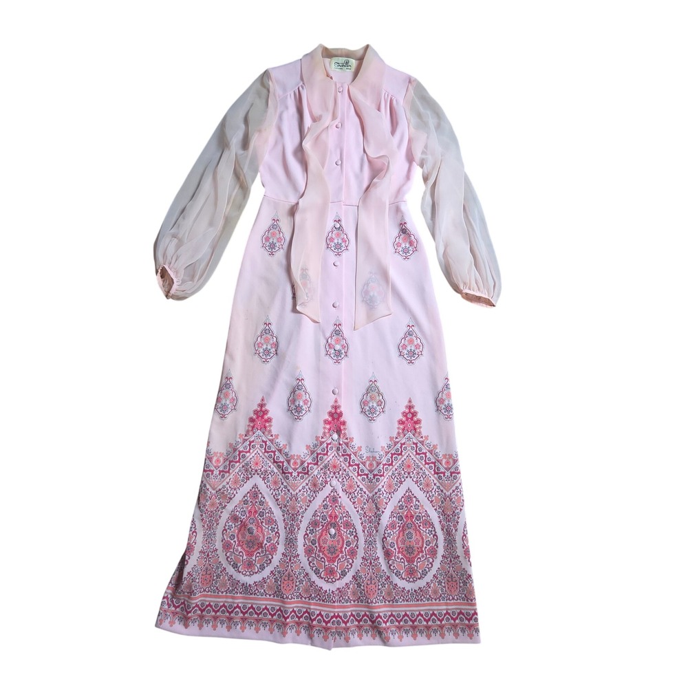 Vintage Alfred Shaheen Paisley Sheer Balloon Sleeve Maxi Dress S Bow Hawaii 70s